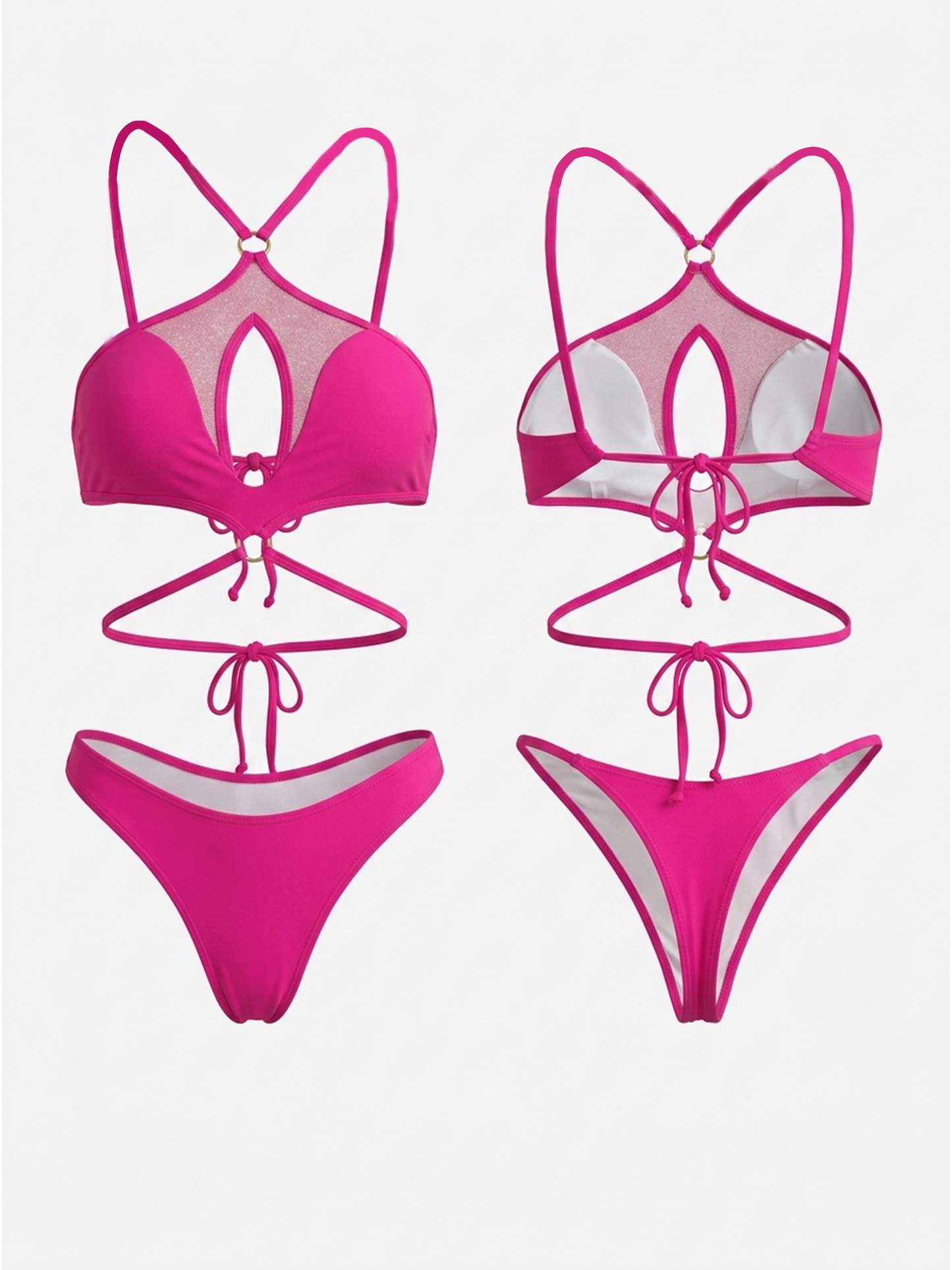 Pink Halter Mesh Cutout Crisscross Strap One Piece
