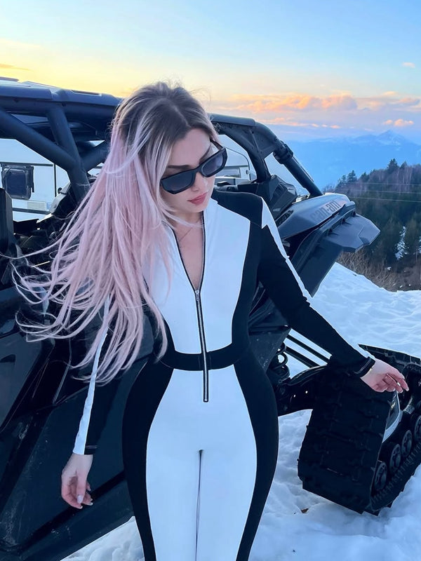 "SciFi Heroine" Contrast Color PU Half Zipper Jumpsuit