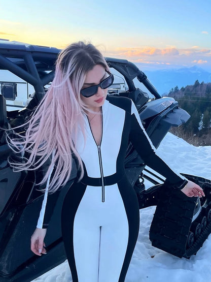 "SciFi Heroine" Contrast Color PU Half Zipper Jumpsuit