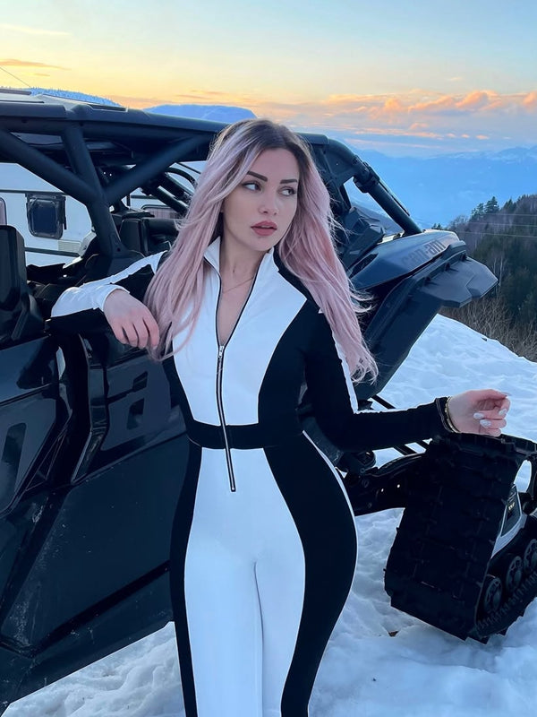 "SciFi Heroine" Contrast Color PU Half Zipper Jumpsuit