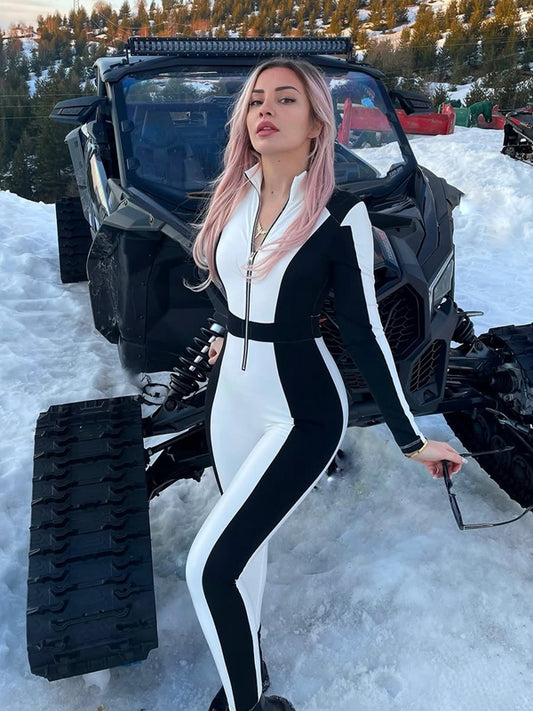 "SciFi Heroine" Contrast Color PU Half Zipper Jumpsuit