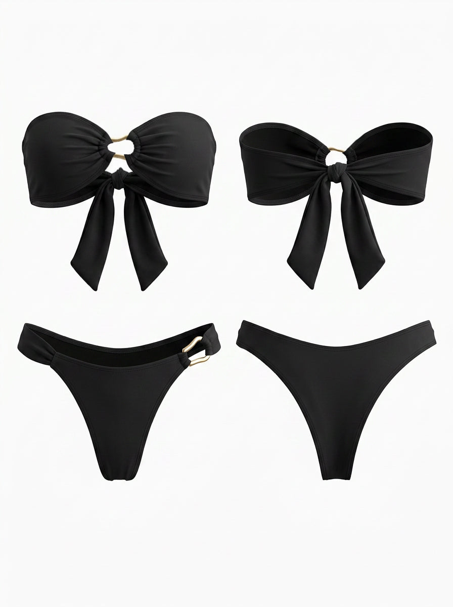 Black Bandeau Bikini Set with Gold Ring Cutout Detail
