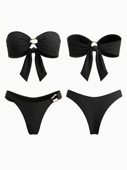 Black Bandeau Bikini Set with Gold Ring Cutout Detail