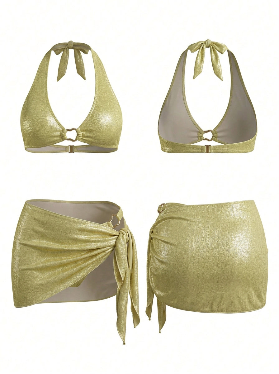 Cream Shimmer Halter Bikini with Wrap Sarong 3-Piece Set