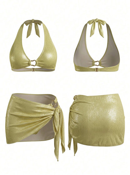 Cream Shimmer Halter Bikini with Wrap Sarong 3-Piece Set