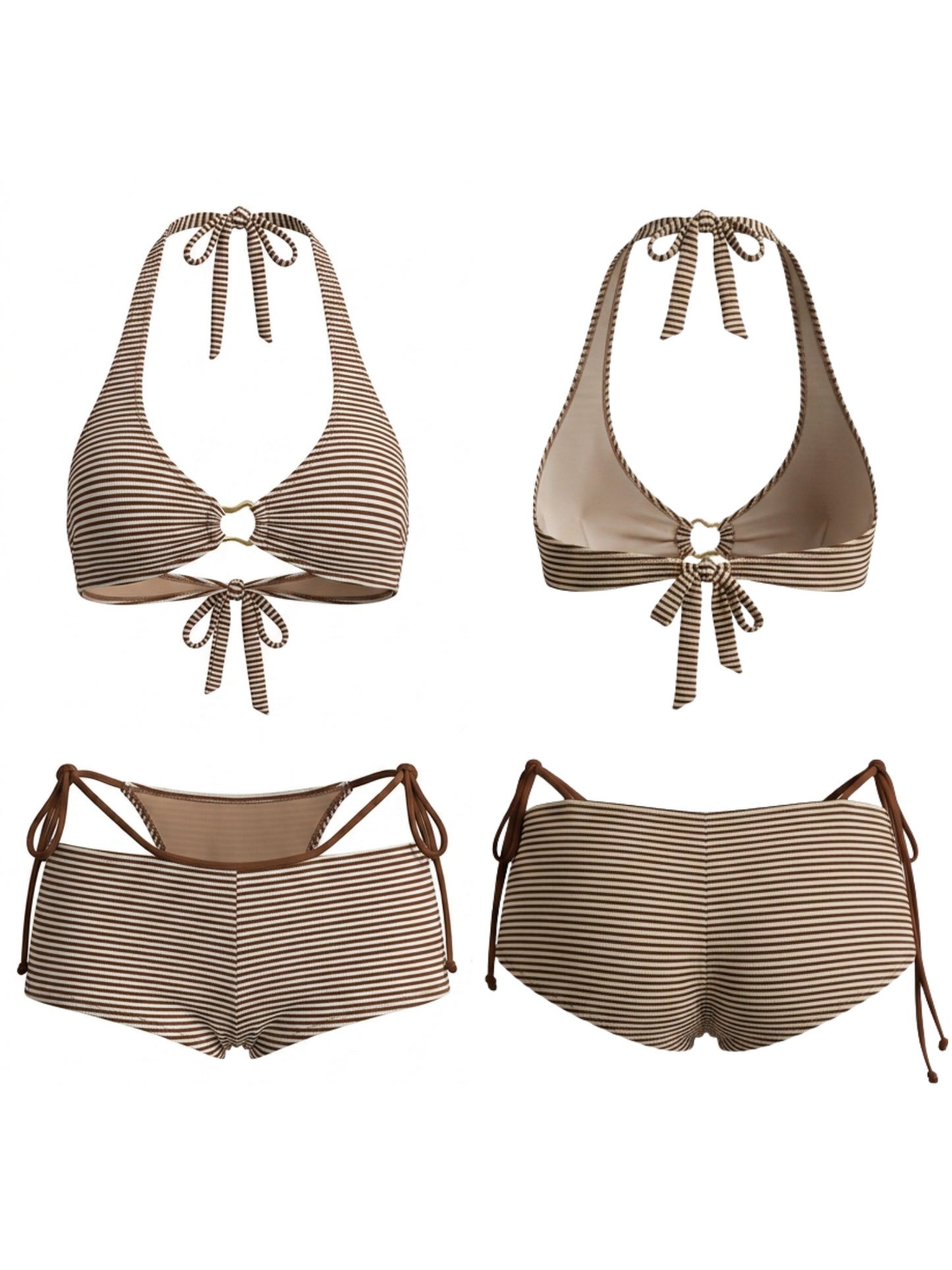 Brown & White Striped Halter Bikini + Shorts 3-Piece Set