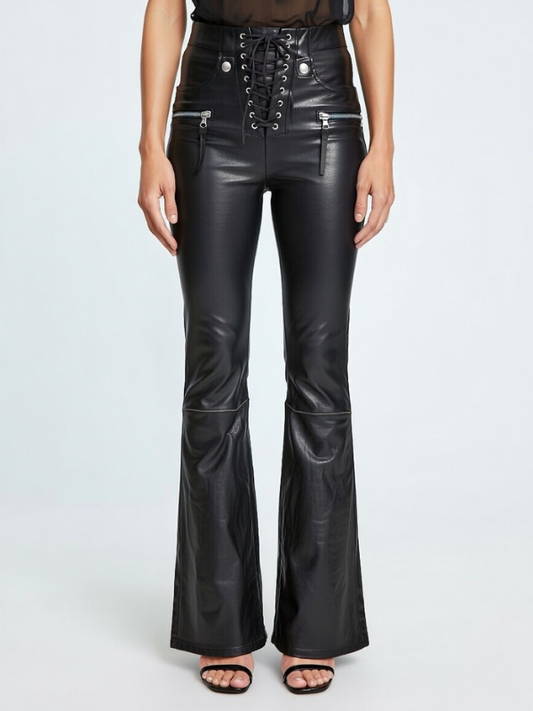 Faux Leather Zipper Lace-up Flare Leggings