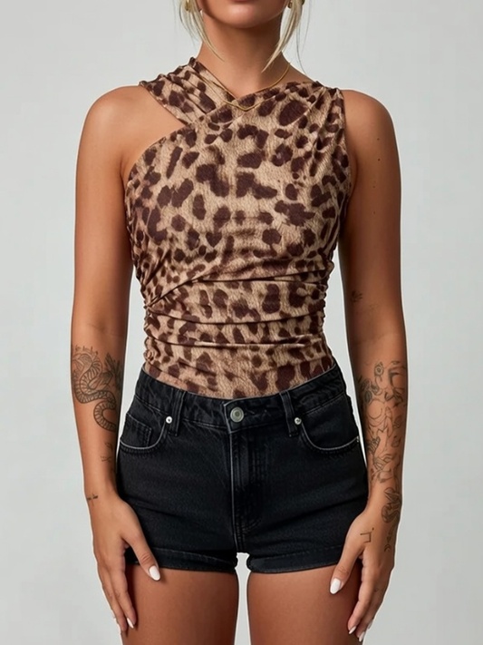 Fashionable Leopard Print Asymmetric Ruched Mesh Bodysuit