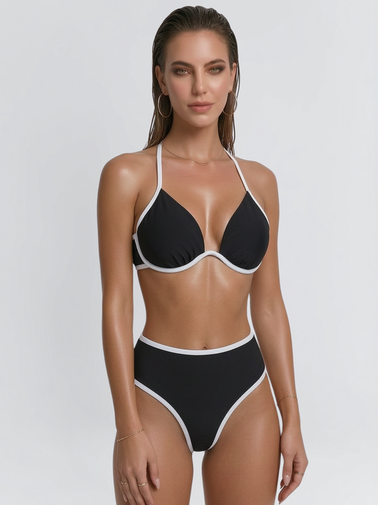 Retro Black & White High-Waisted Underwire Bikini