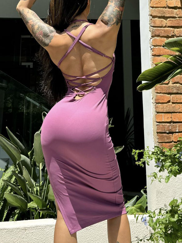 ZASUWA Damen Einfarbiges Kleid mit gekreuztem Rücken und ausgehöhltem Schlitz 
