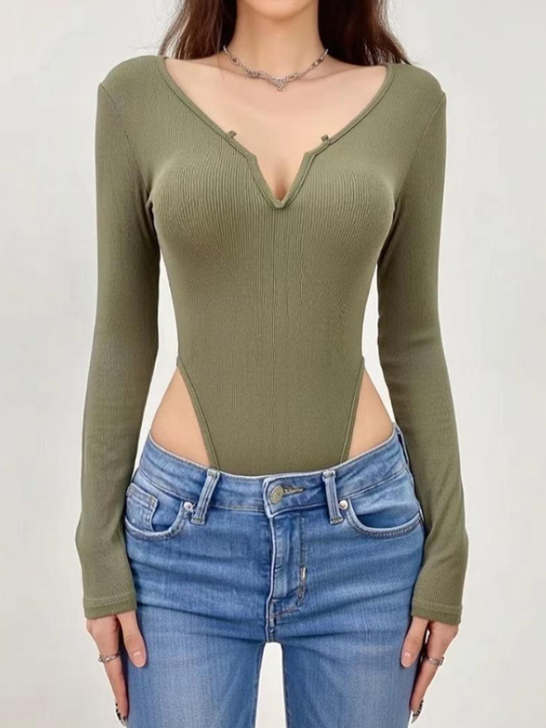 Sexy Deep V-Neck Striped Long-Sleeve Bodysuit