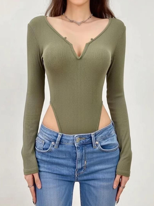 Sexy Deep V-Neck Striped Long-Sleeve Bodysuit