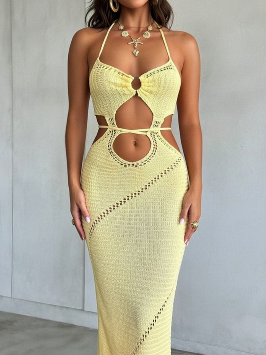 Vacation Style Sexy Knitted Halter Hollow-out Cut-out Bodycon Dress