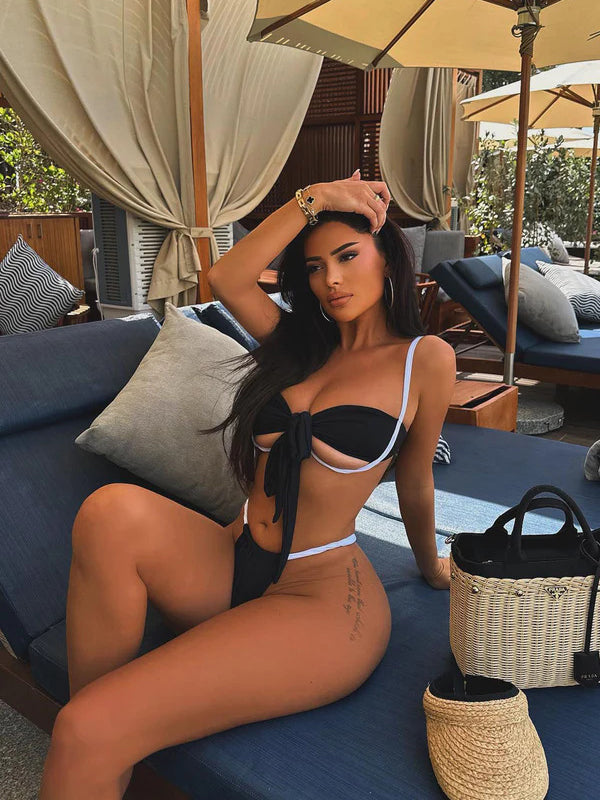 Sexy Contrast Color Bow-knot Lace-up Hollow Out Bikini Set