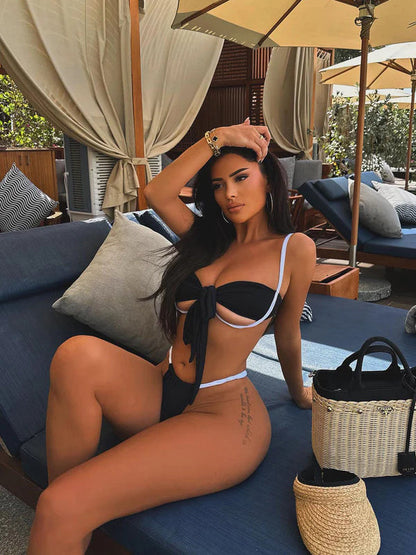 Sexy Contrast Color Bow-knot Lace-up Hollow Out Bikini Set