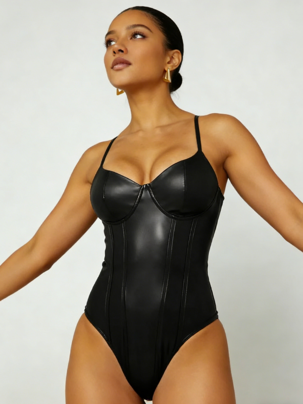 Sexy Cami Waist-Cinching Slim-Fit PU Bodysuits