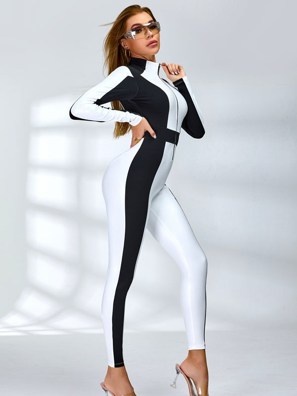 "SciFi Heroine" Contrast Color PU Half Zipper Ski Jumpsuit