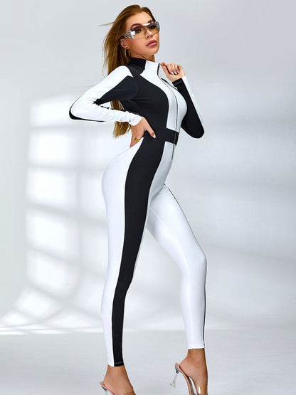 "SciFi Heroine" Contrast Color PU Half Zipper Ski Jumpsuit