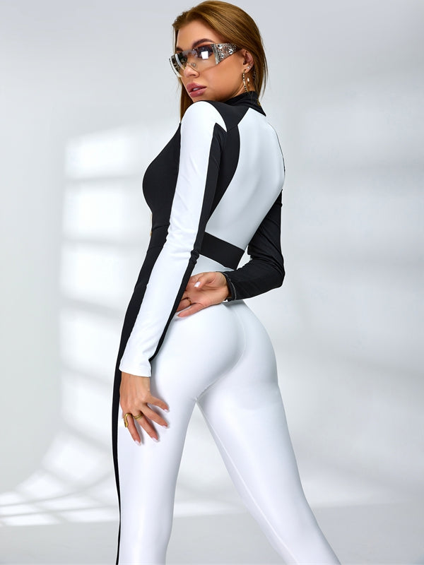 "SciFi Heroine" Contrast Color PU Half Zipper Ski Jumpsuit