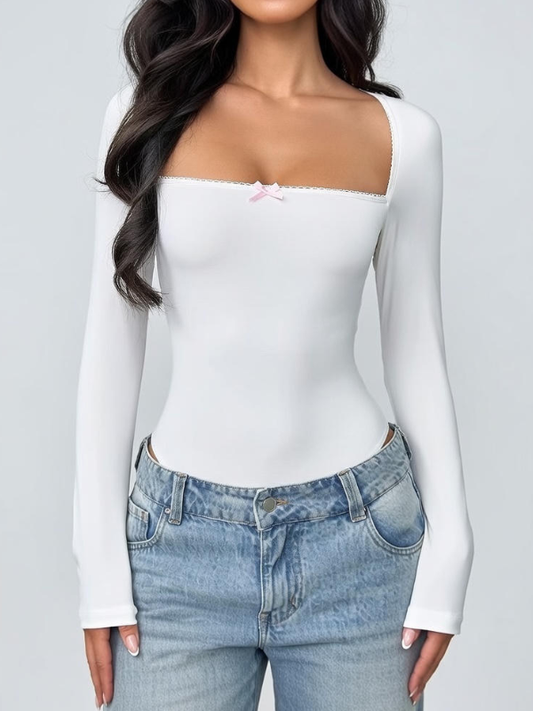 exy Spaghetti Strap Lace Trim Long Sleeve Slim Bodysuit