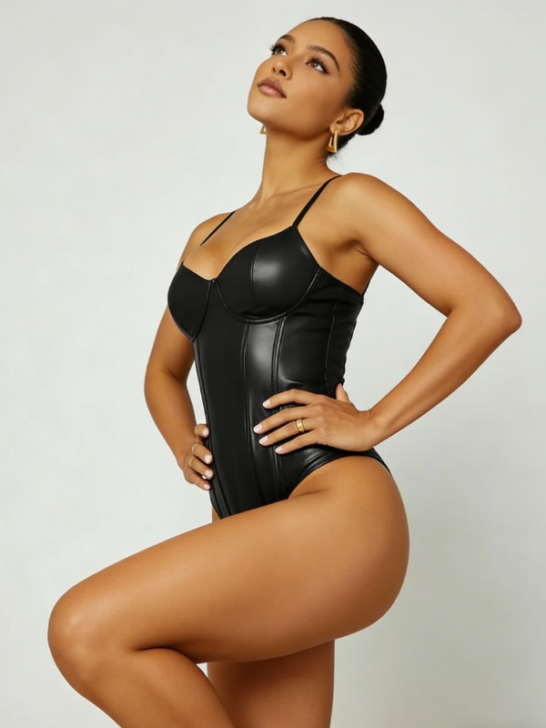 Sexy Cami Waist-Cinching Slim-Fit PU Bodysuits
