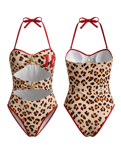 Leopard Print Colorblock Starfish Cutout One-Piece