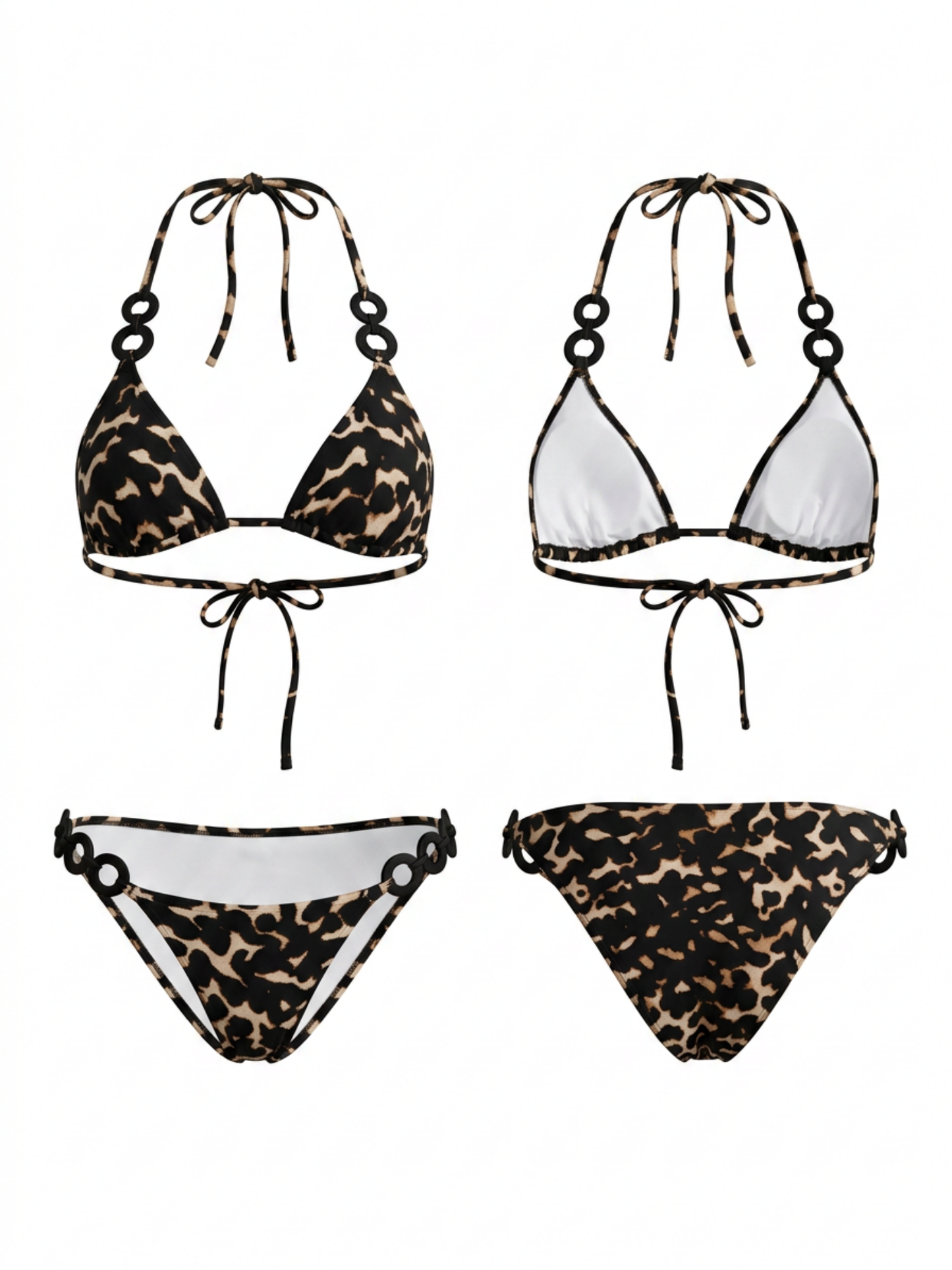 Retro Wild Leopard Print Triangle Bikini with Rings
