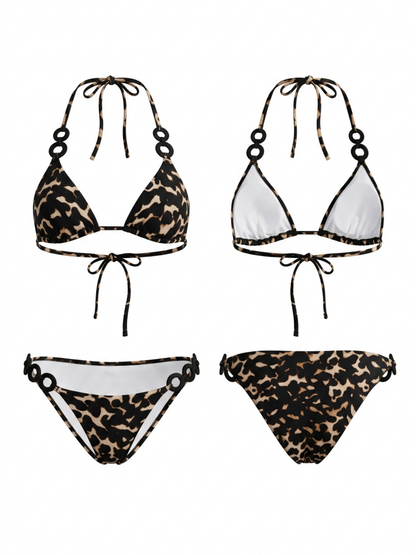 Retro Wild Leopard Print Triangle Bikini with Rings