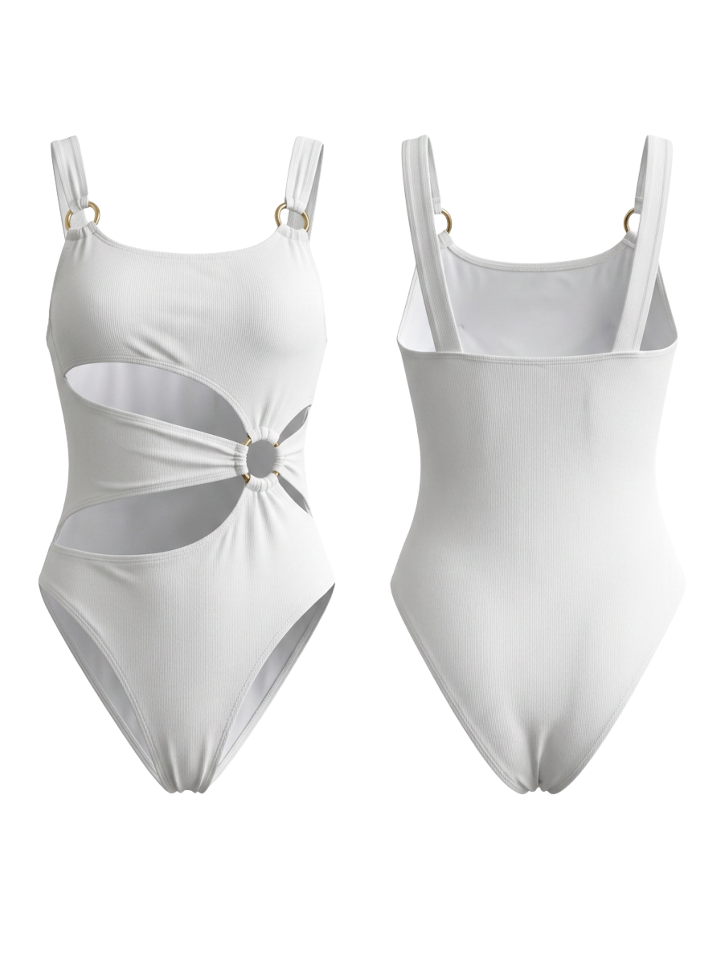 White Textured Side Cutout O-Ring Spaghetti Strap One Piece