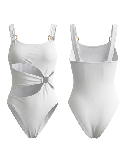 White Textured Side Cutout O-Ring Spaghetti Strap One Piece