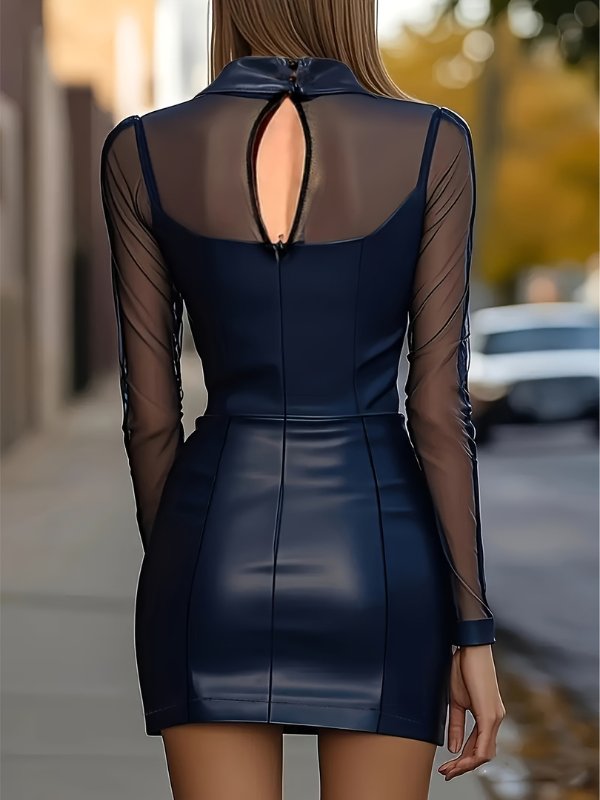 Sexy Hot Girl Mesh-Spliced PU Dress