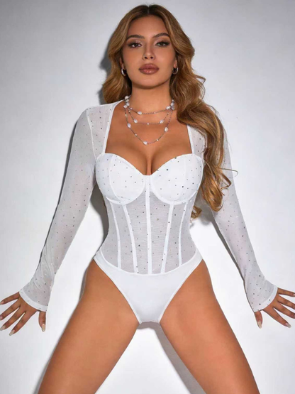 Sexy Sequin Sheer Slim Fit Mesh Long Sleeve Bodysuit