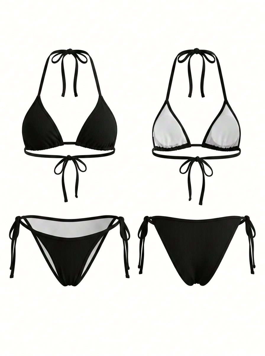 Sexy Solid Color Lace-up Bikini Set