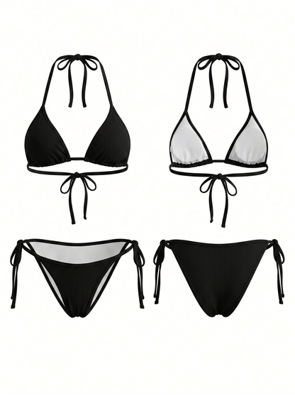Sexy Solid Color Lace-up Bikini Set