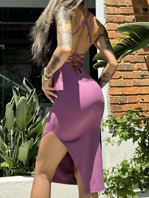 ZASUWA Damen Einfarbiges Kleid mit gekreuztem Rücken und ausgehöhltem Schlitz 