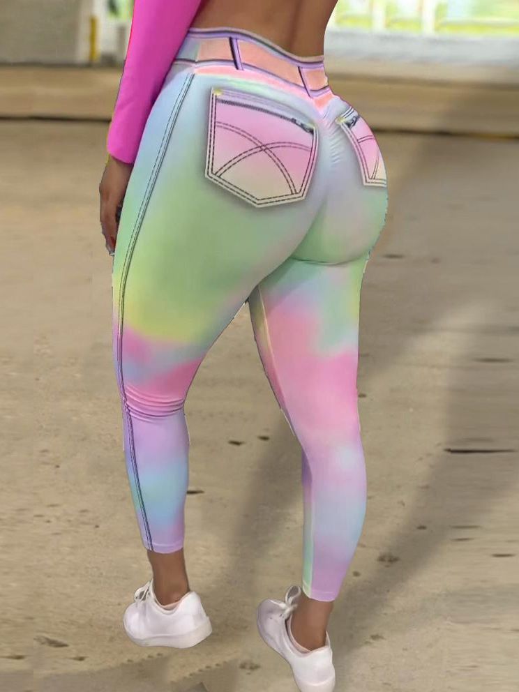 Hot Tie Dye Faux Denim Scrunch Bum Contrast Color Leggings