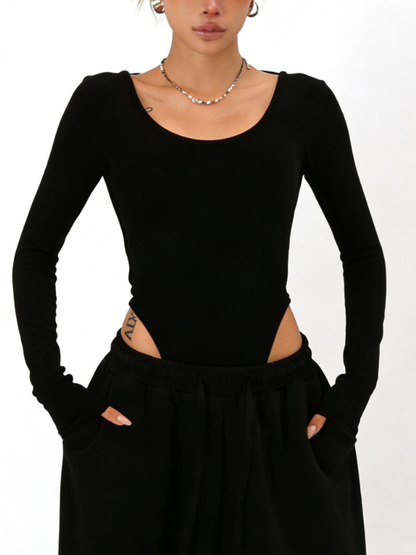 Sexy Tie-Back Open-Back Long-Sleeve Bodysuit