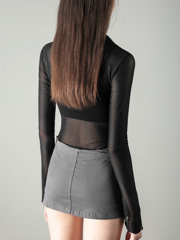 Sexy Mesh Panel Long Sleeve Bodycon Bodysuit