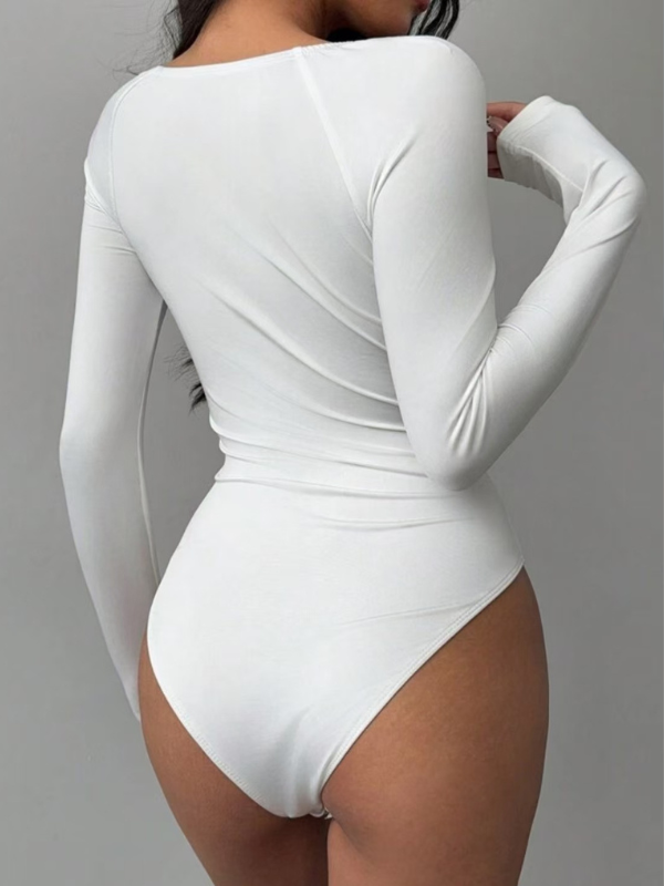 exy Spaghetti Strap Lace Trim Long Sleeve Slim Bodysuit