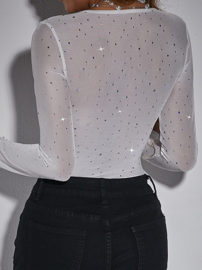 Sexy Sequin Sheer Slim Fit Mesh Long Sleeve Bodysuit