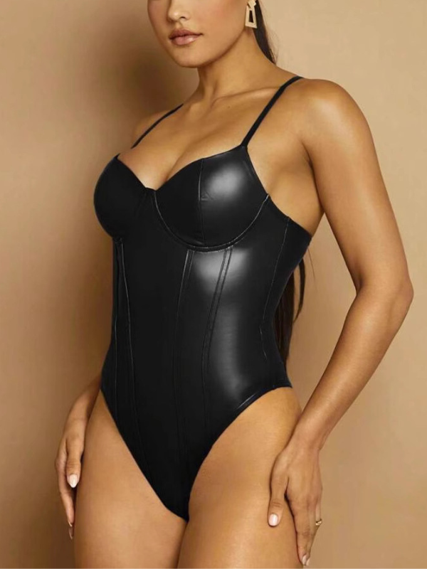 Sexy Cami Waist-Cinching Slim-Fit PU Bodysuits