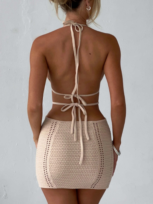 Vacation Style Sexy Halter Strapless Hollow Out Tie Dress