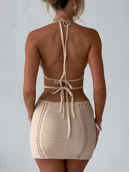 Vacation Style Sexy Halter Strapless Hollow Out Tie Dress