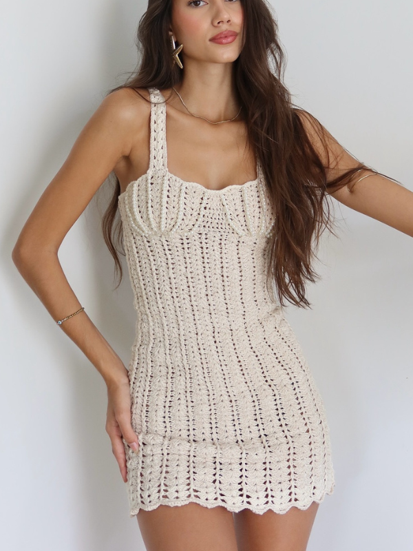 Vacation Style Knitted V-Neck Pearl Waist Dress