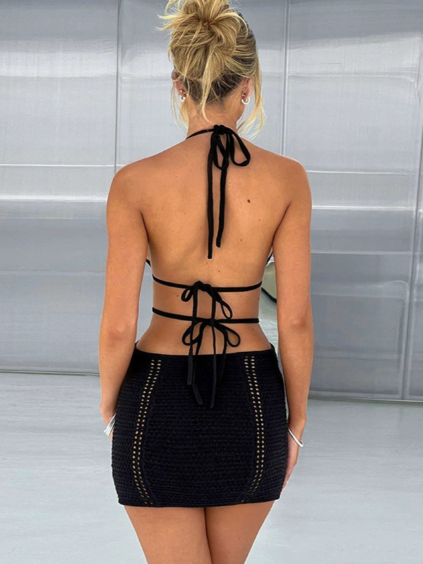 Vacation Style Sexy Halter Strapless Hollow Out Tie Dress