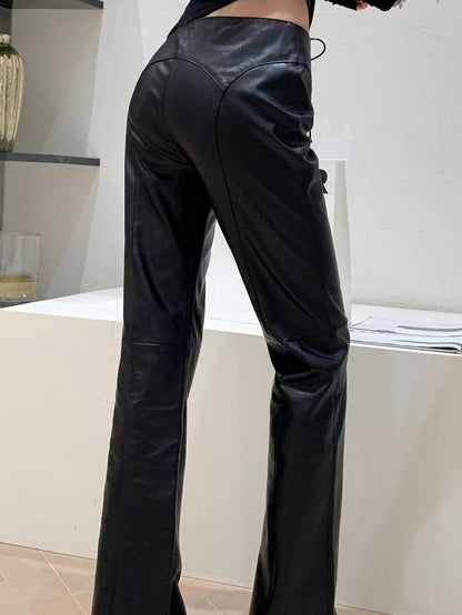 Sexy Faux Leather Push Up Design Lace-up Split Leggings