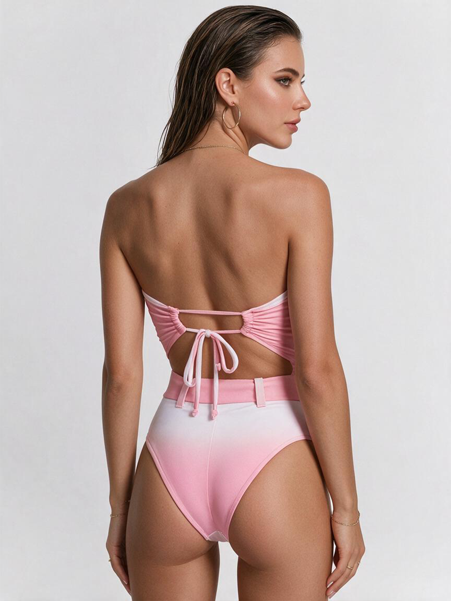 Pink-White Ombre Strapless One-Piece Swimsuit with Flower Accent