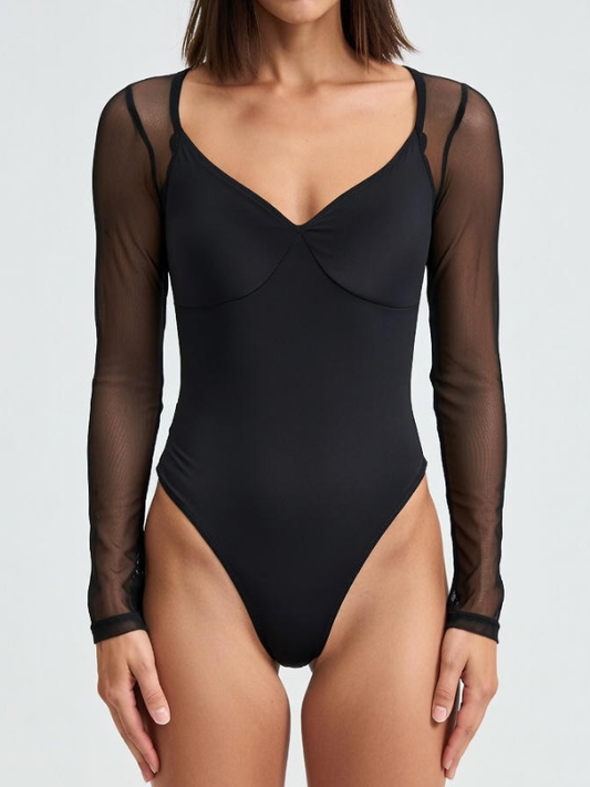 Sexy Mesh Patchwork Slim Long Sleeve Bodysuit