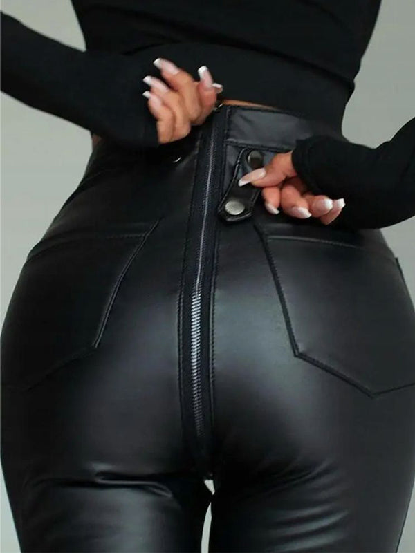 Faux Leather Zipper Buttons Pocket Leggings