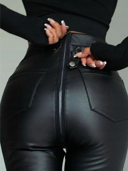 Faux Leather Zipper Buttons Pocket Leggings